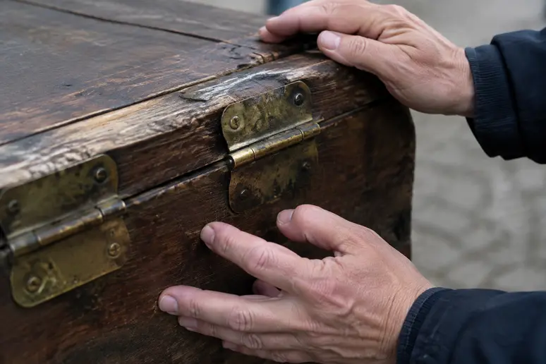 Mains examinant les charnières et les chants usés d'un coffre ancien en bois