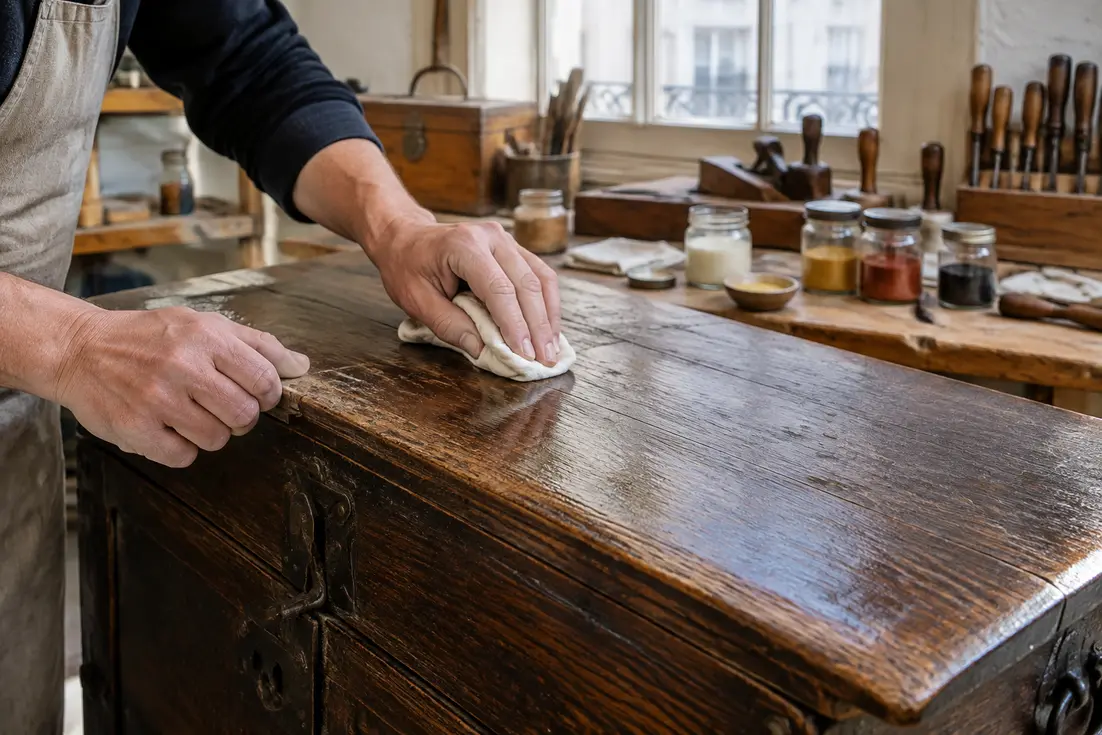 artisan appliquant de la cire protectrice sur un coffre ancien bois dans son atelier lumineux