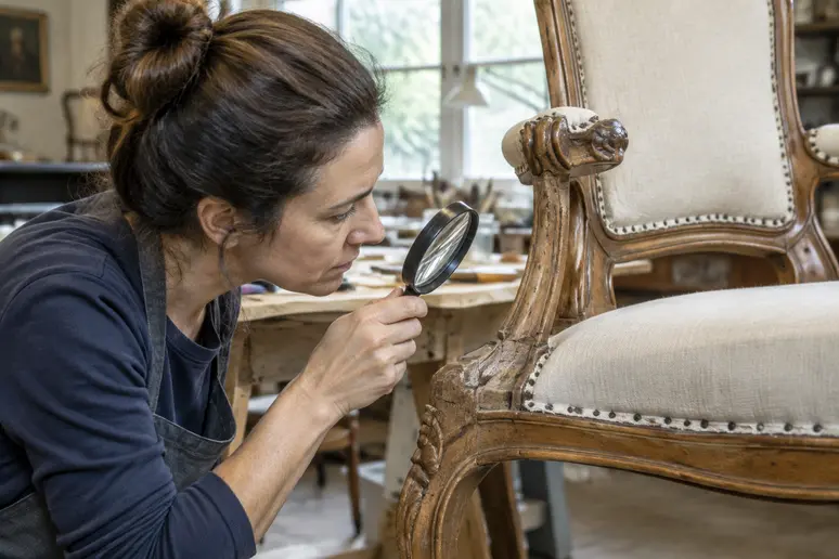 Expert analysant les assemblages en bois et la structure d'un fauteuil bergère.