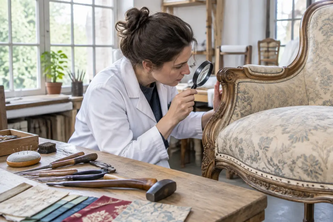 Un artisan examine attentivement les détails sculptés d'un authentique fauteuil bergère ancien dans son atelier