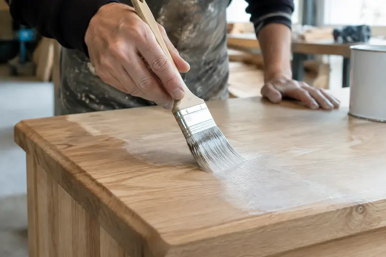 Application d'un fondur sur une table en chêne brut avant la finition.
