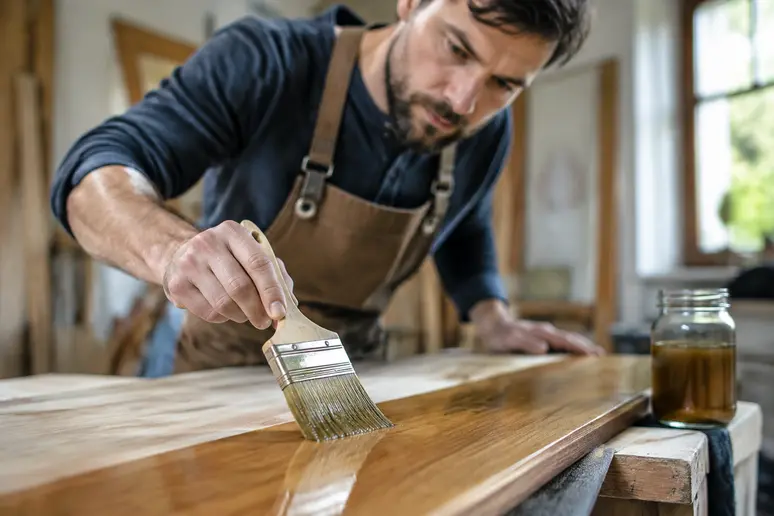 Mains appliquant un fondur bois en couche mince sur une planche brute.
