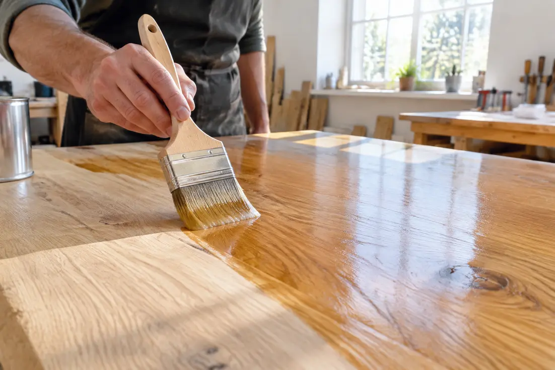 Application minutieuse d'un fondur bois au pinceau sur une table en chêne brut dans un atelier