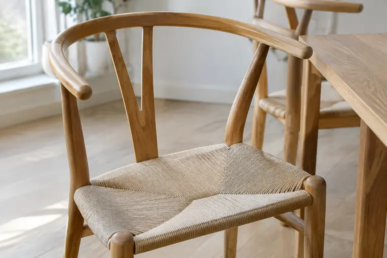 Gros plan sur le dossier en Y et l'assise en corde tressée d'une chaise Hans Wegner.
