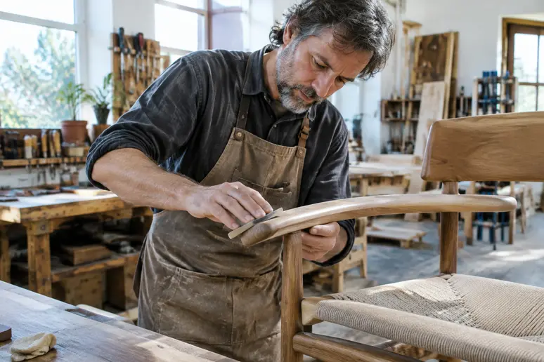 Un ébéniste ponce soigneusement le bois d'une chaise conçue par Hans Wegner.
