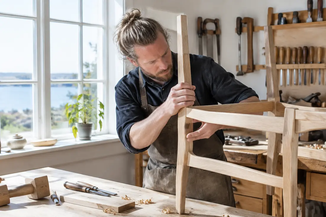 Artisan travaillant le bois dans un atelier lumineux pour fabriquer une chaise Hans Wegner