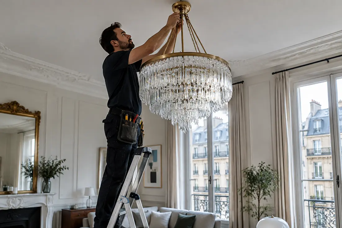 Installation d'un élégant lustre à pampilles au plafond par un professionnel dans un salon