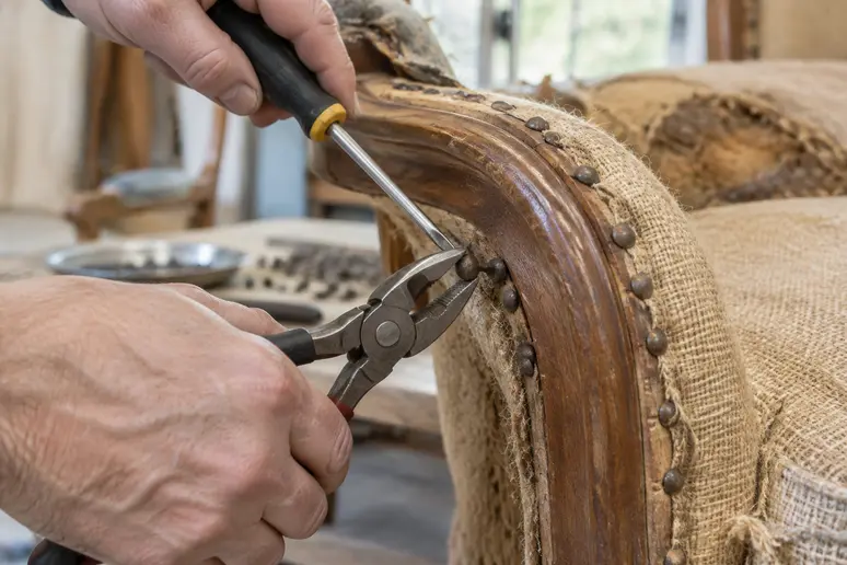 Artisan retirant les vieux clous de tapissier pour dégarnir entièrement la carcasse en bois du fauteuil.