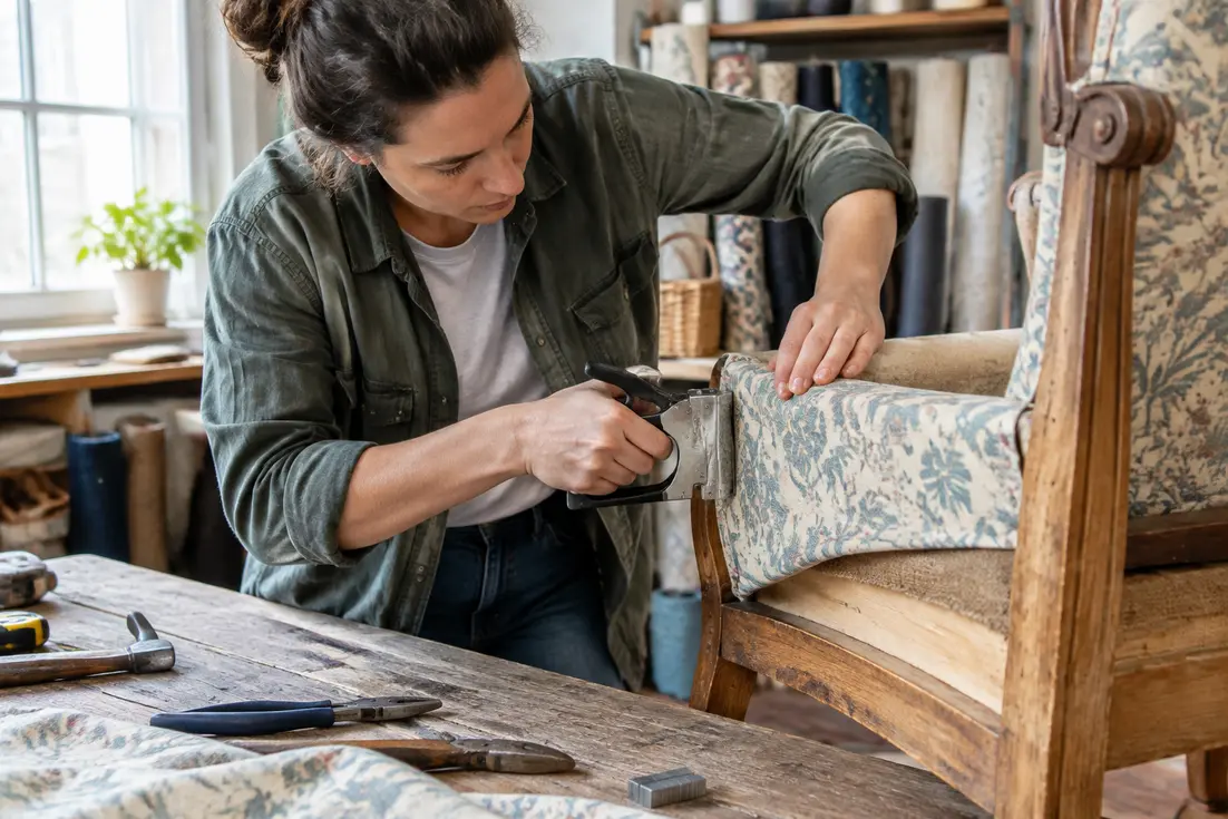 Artisan en train de retapisser un fauteuil dans un atelier lumineux
