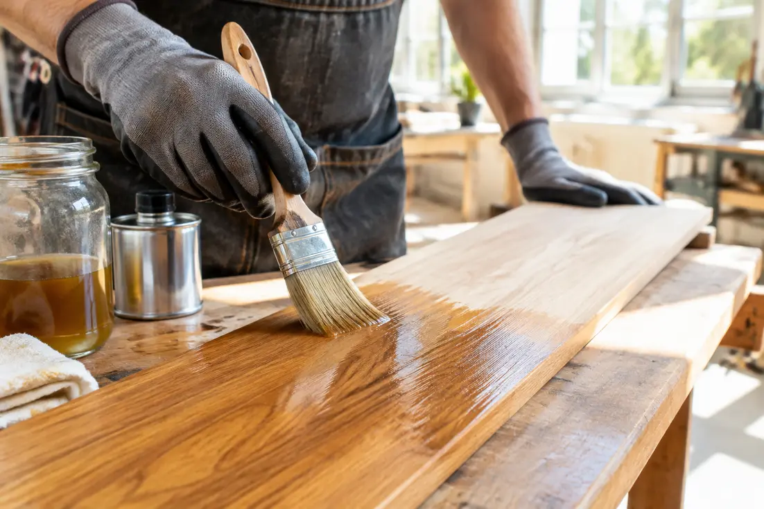 Application d'un siccatif sur une planche en bois dans un atelier lumineux