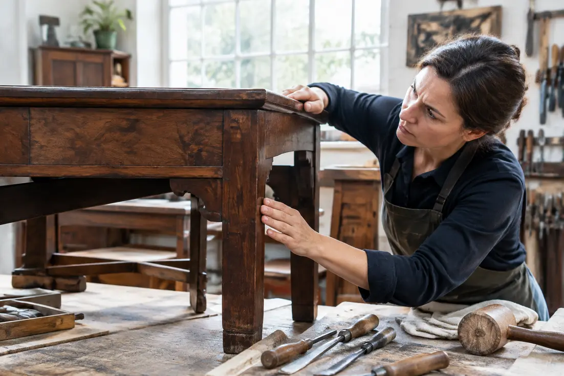 Artisan examinant un meuble ancien en bois massif caractéristique du style Louis XIII dans son atelier.