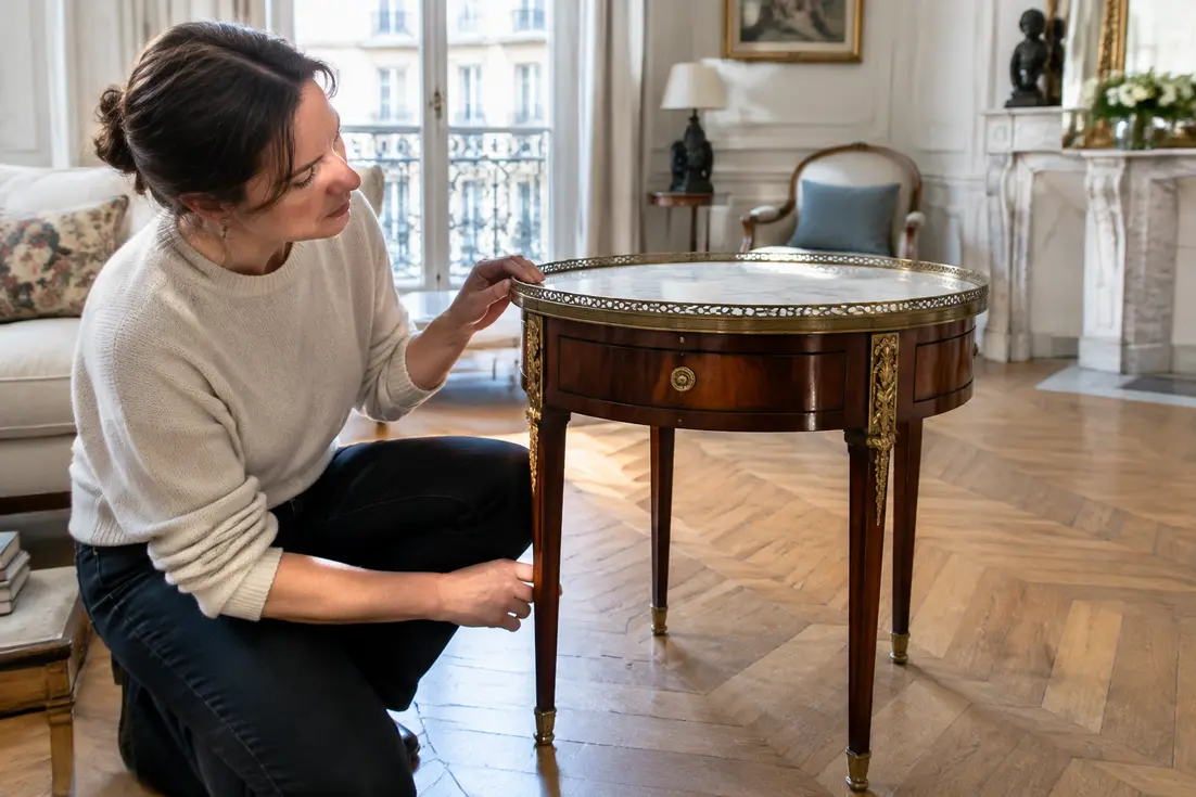 Un expert examine les détails d'une authentique table bouillotte ancienne dans un salon lumineux