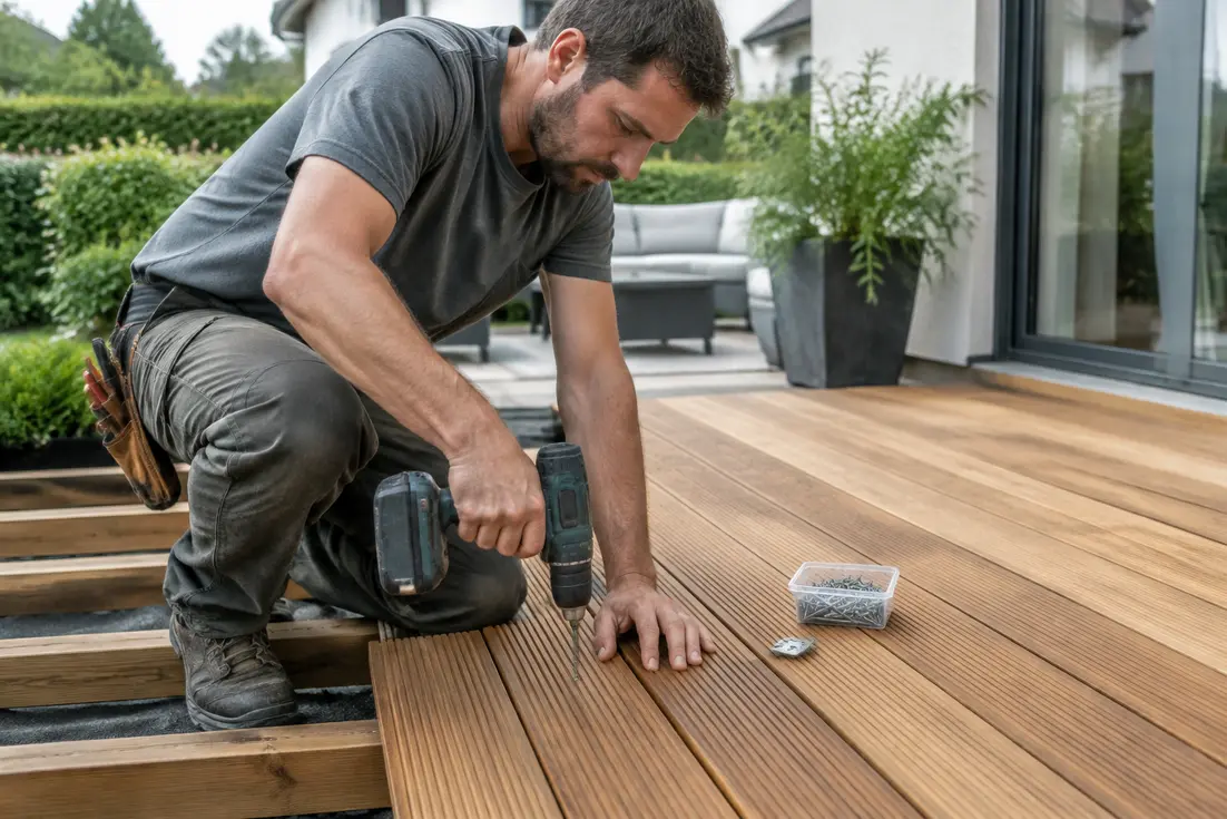 artisan installant des lames de terrasse bambou sur un chantier exterieur ensoleille